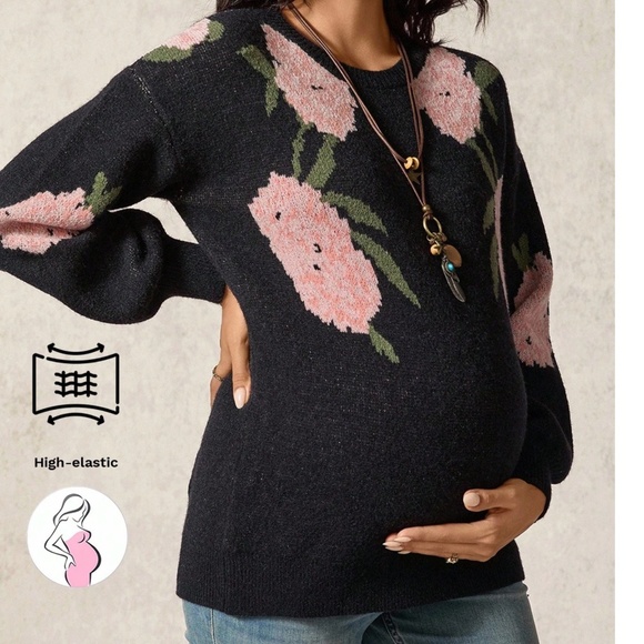 Maternity Floral Print Round neck Knit Sweater Top - Picture 4 of 5